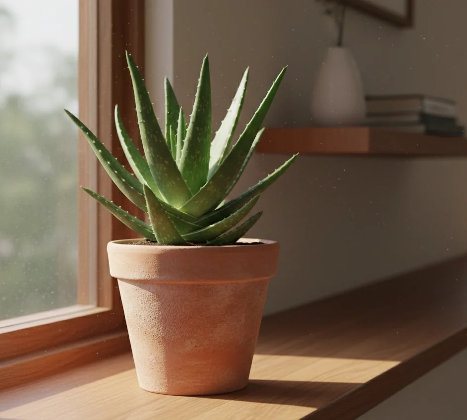 Healthy aloe vera plant positioned in front of a bright window to show ideal indoor lighting conditions.