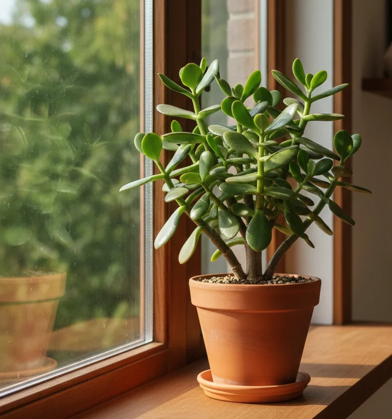 Healthy Jade Plant houseplant in a terracotta pot sitting on a sunny wooden windowsill.