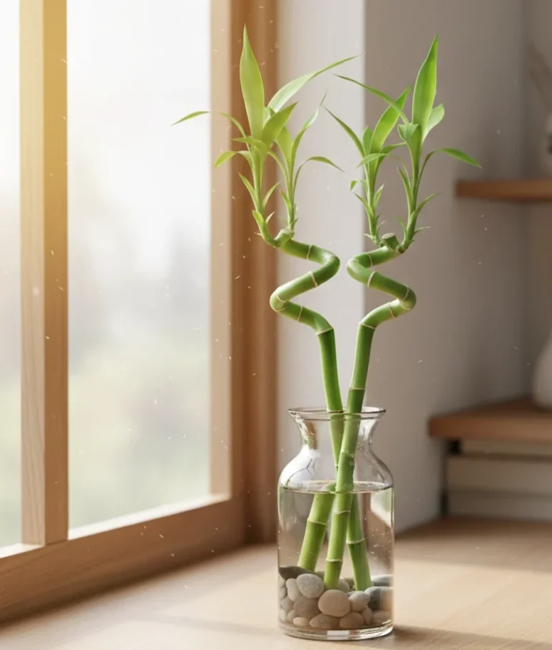 Indoor Lucky Bamboo stalks growing in water, symbolizing good luck and Feng Shui in a bright room.