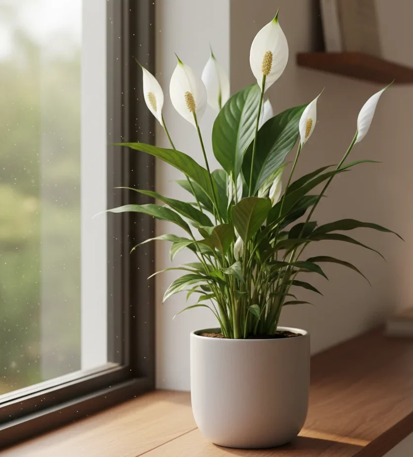 Peace Lily indoor plant with white flowers and dark green leaves in a pot.