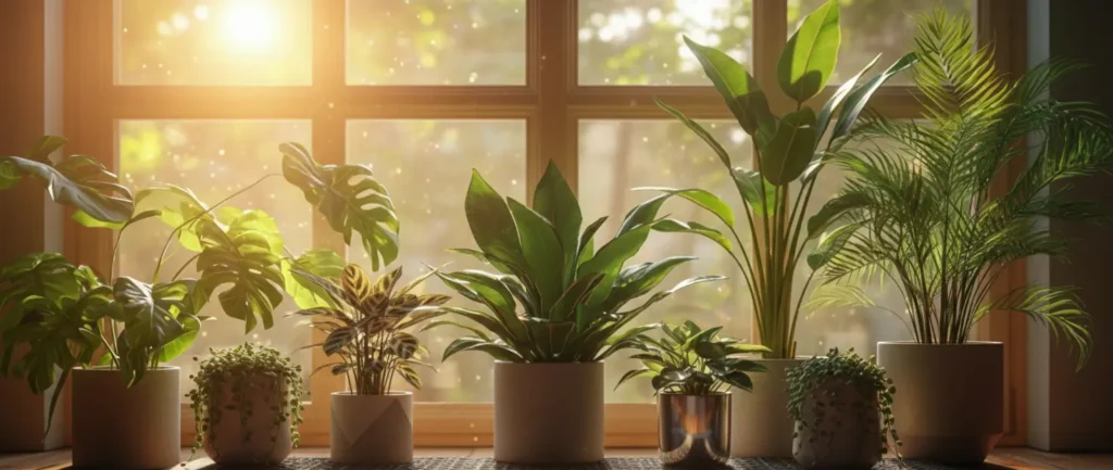 A variety of healthy indoor plants in pots sitting on a sunlit windowsill.