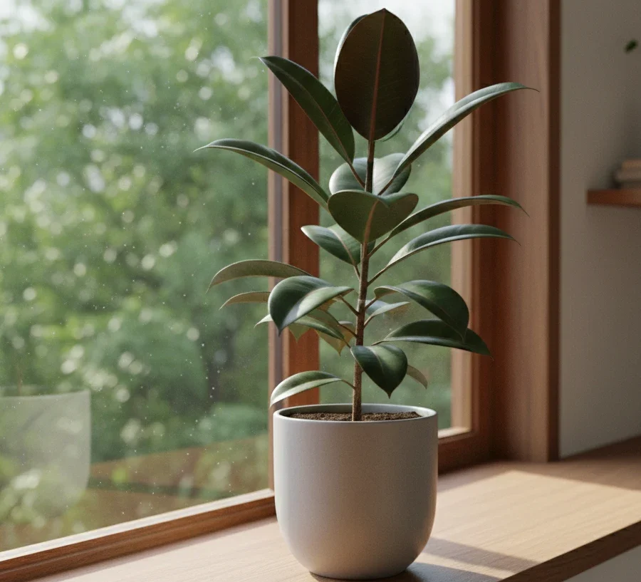 Indoor Rubber houseplant in a pot placed in front of a window, with large green leaves in natural light.