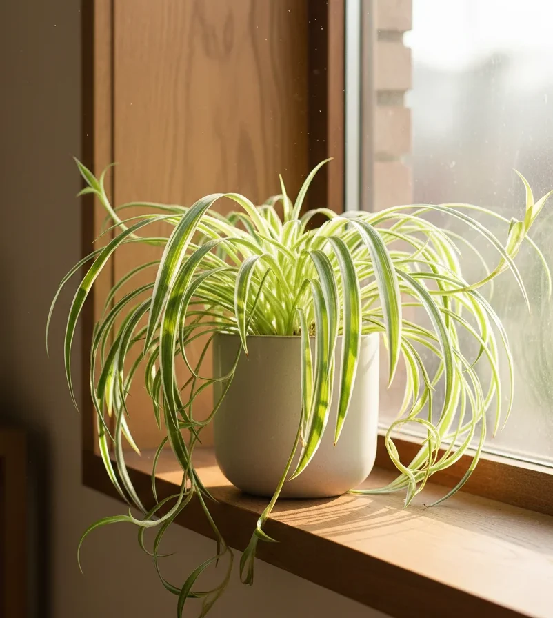 Potted indoor Spider plant with green and white striped leaves in natural light.