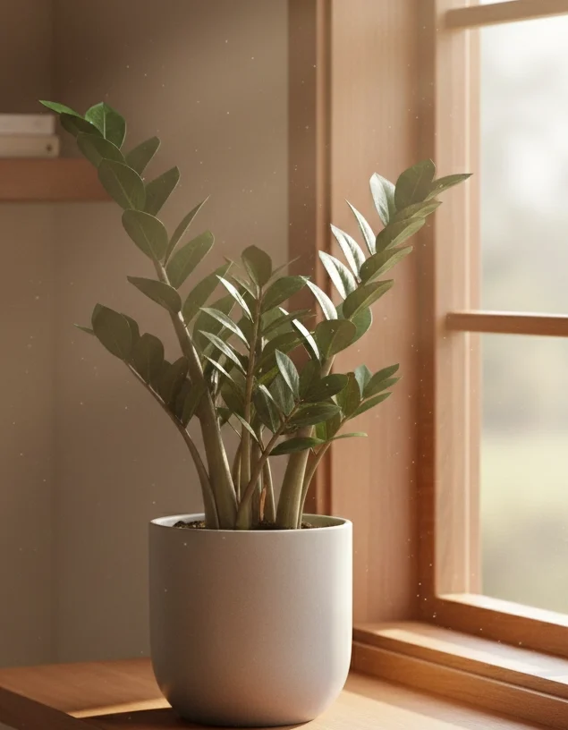Indoor houseplant ZZ plant in a pot, with glossy green leaves.