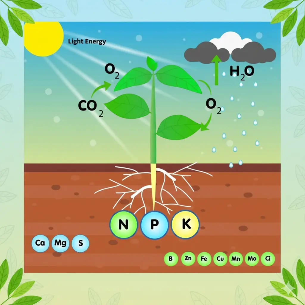 Educational diagram showing essential plant nutrients N-P-K, photosynthesis elements like CO2 and Light Energy, and secondary minerals for indoor plant growth.