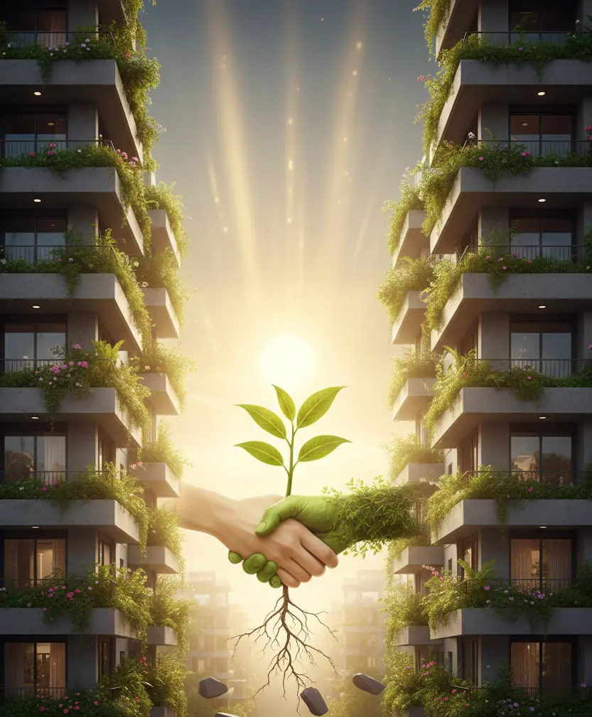 A human hand, shaking hands with a plant vine in a modern city balcony.