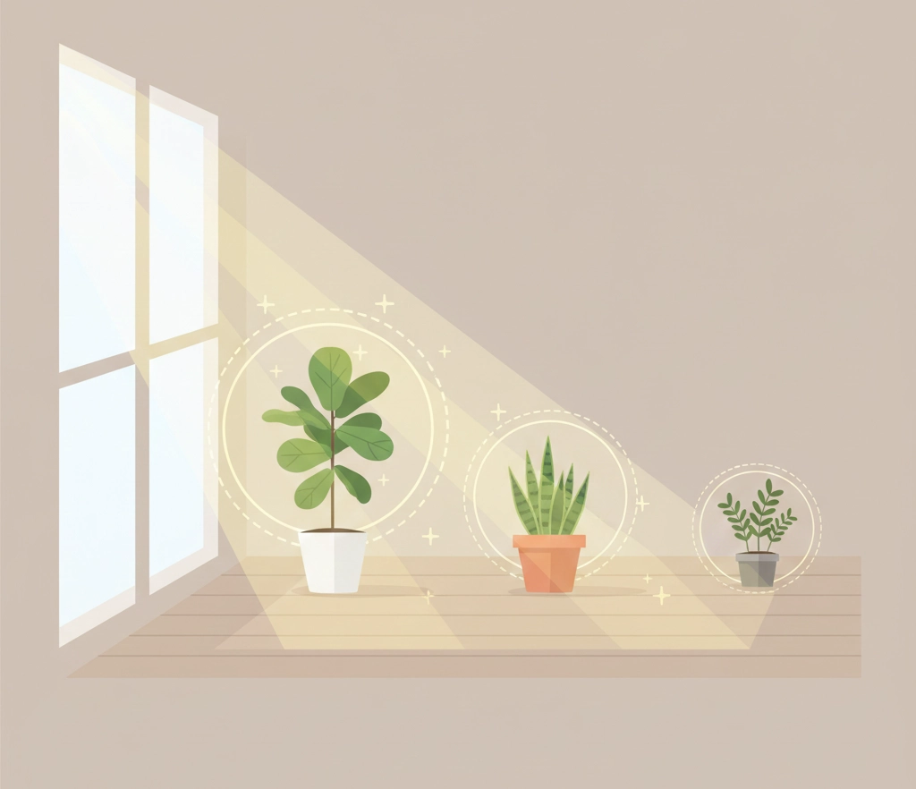 Diagram explaining lux for plants and how light intensity decreases as houseplants are moved further from the window.