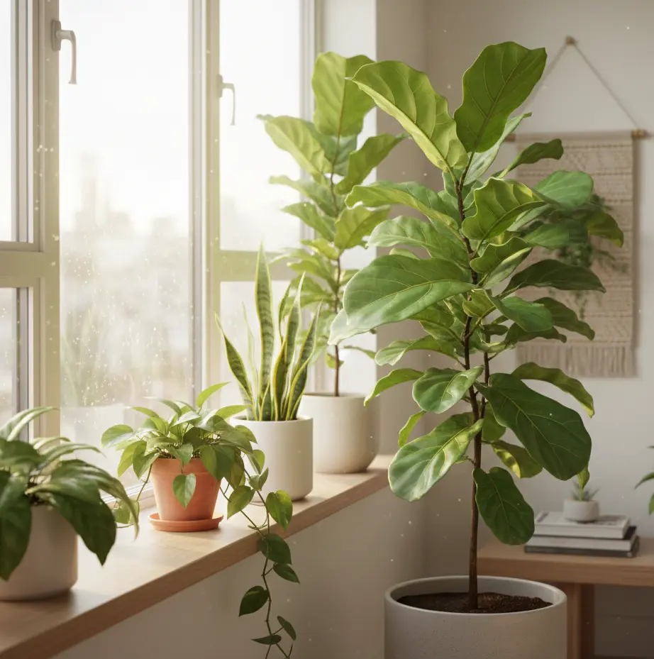 Healthy indoor plants like Fiddle Leaf Fig and Snake Plant thriving in bright indirect light near a window.