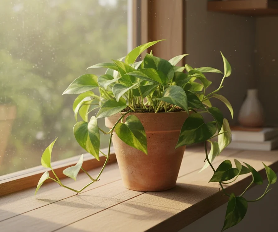 Pothos houseplant in terracotta pot front of the window in a sunny weather