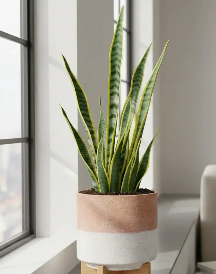 Indoor Snake plant in a pot, with tall green leaves and modern home decor style.