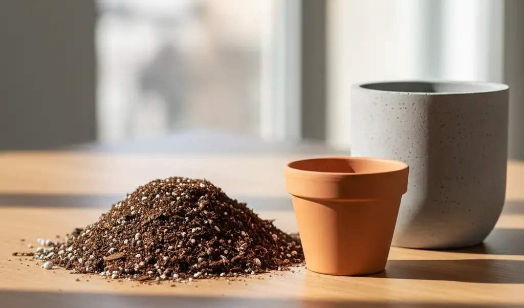 a high-quality indoor plant soil mix with white perlite for improved drainage and aeration.