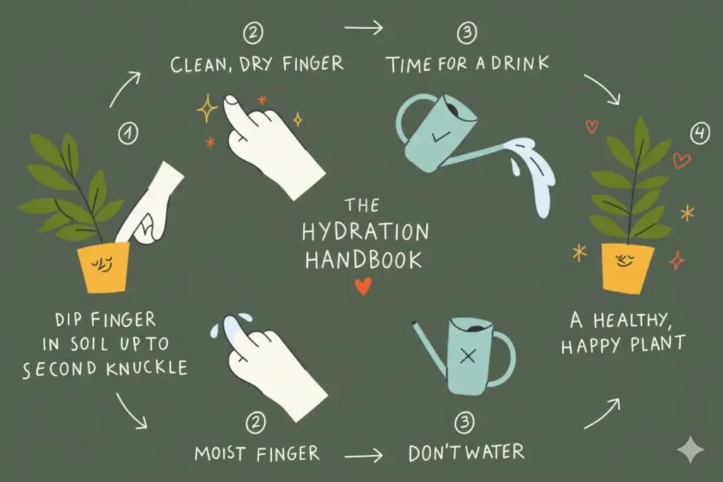 The Hydration Handbook: Illustration of the finger test to prevent overwatering plants.
