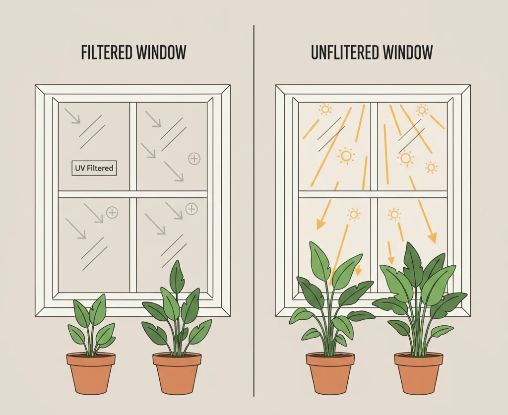 Illustration comparing plant growth under a UV filtered window versus an unfiltered window for best lighting for indoor plants.