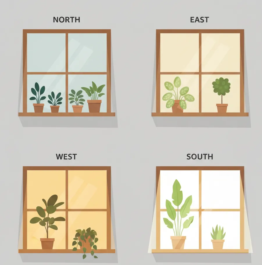 Guide to window orientation for indoor plants showing North, South, East, and West exposure for houseplants.