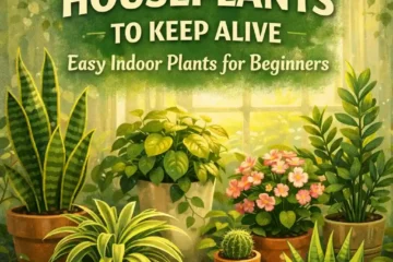 a room of indoor plants like zz plant, snake plant and aloe vera plant representing the easiest houseplants to keep alive