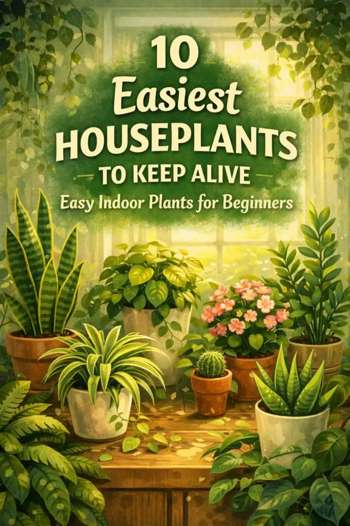 a room of indoor plants like zz plant, snake plant and aloe vera plant representing the easiest houseplants to keep alive