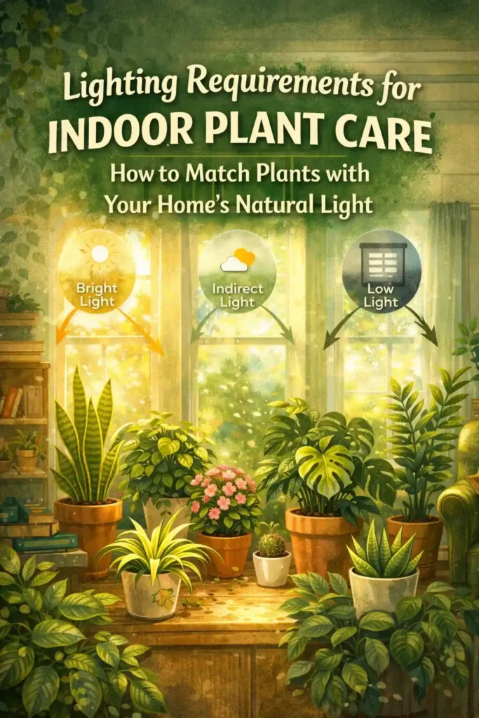 indoor plants like monstera, snake plant and spider plant with lighting requirements illustration